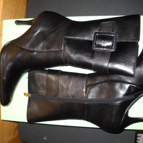 V.O.Z BLACK LEATHER ZIP-UP BUCKLE MID-CALF BOOT HEEL - Picture 4 of 5